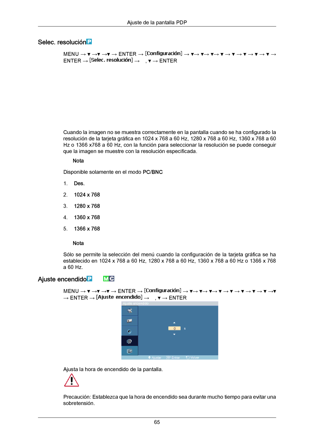Samsung PH50KRPLBF/EN, PH63KRFLBX/EN manual Selec. resolución, Ajuste encendido, Des 1024 x 1280 x 1360 x 1366 x Nota 