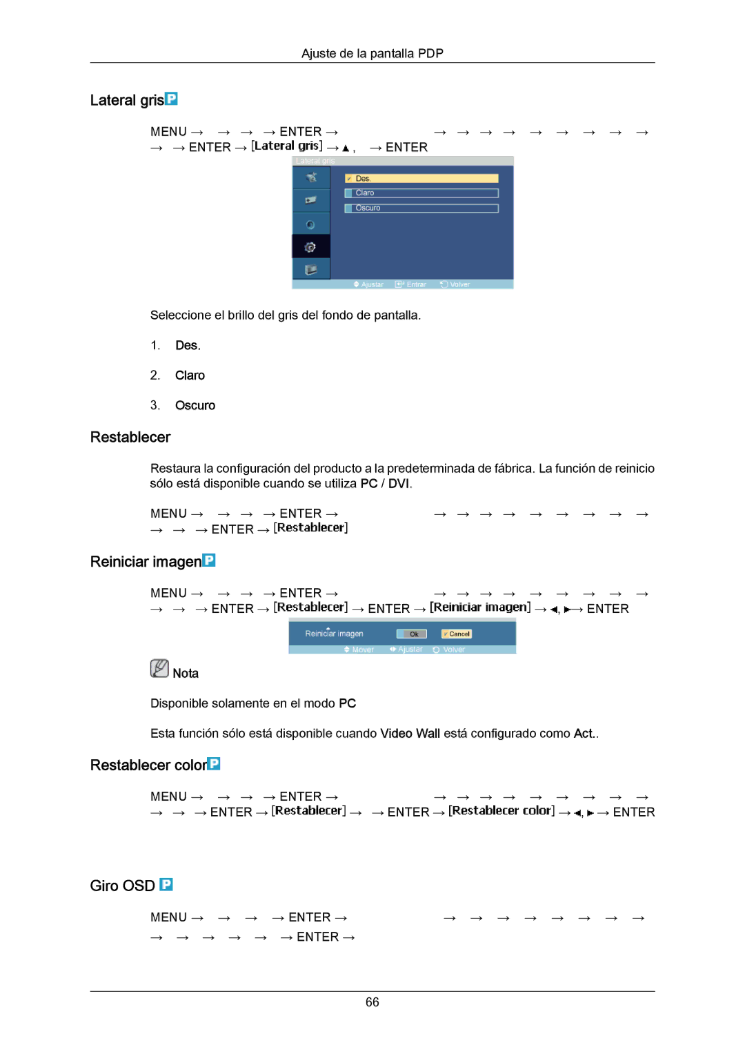 Samsung PH50KPPLBF/EN, PH63KRFLBX/EN, PH63KPFLBF/EN manual Lateral gris, Reiniciar imagen, Restablecer color, Giro OSD 