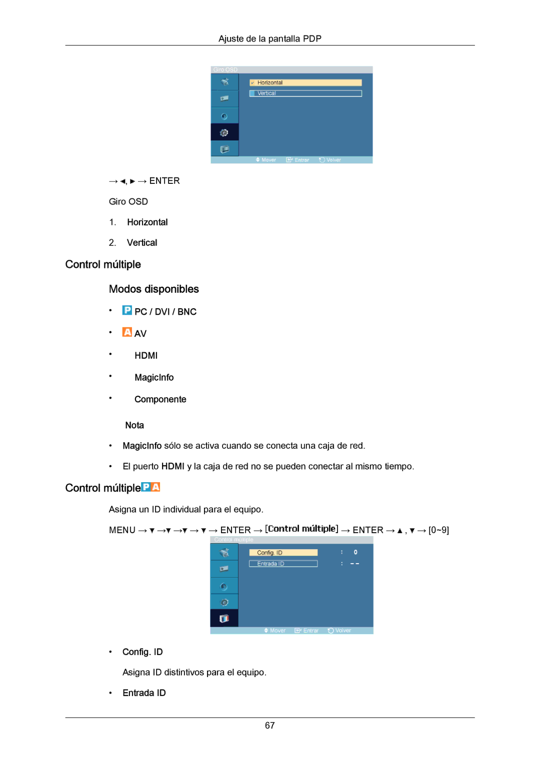 Samsung PH63KRFLBF/EN, PH63KRFLBX/EN manual Control múltiple Modos disponibles, Horizontal Vertical, Config. ID, Entrada ID 