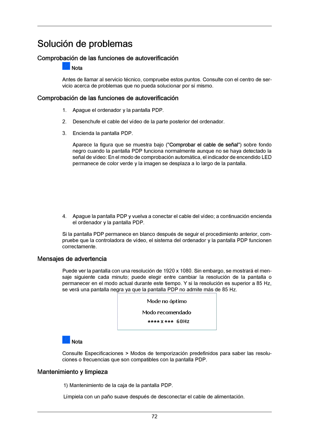 Samsung PH63KRFLBF/EN Comprobación de las funciones de autoverificación, Mensajes de advertencia, Mantenimiento y limpieza 