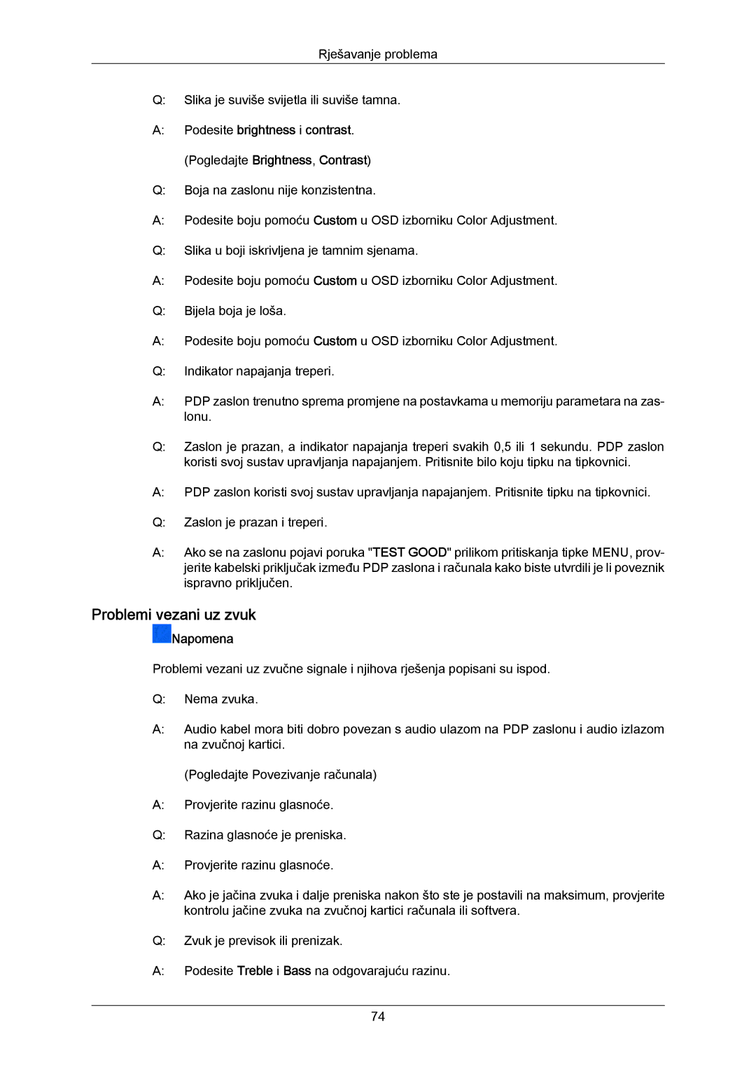 Samsung PH63KRFLBX/EN, PH63KPFLBF/EN, PH50KRPLBF/EN, PH50KPPLBF/EN manual Problemi vezani uz zvuk 