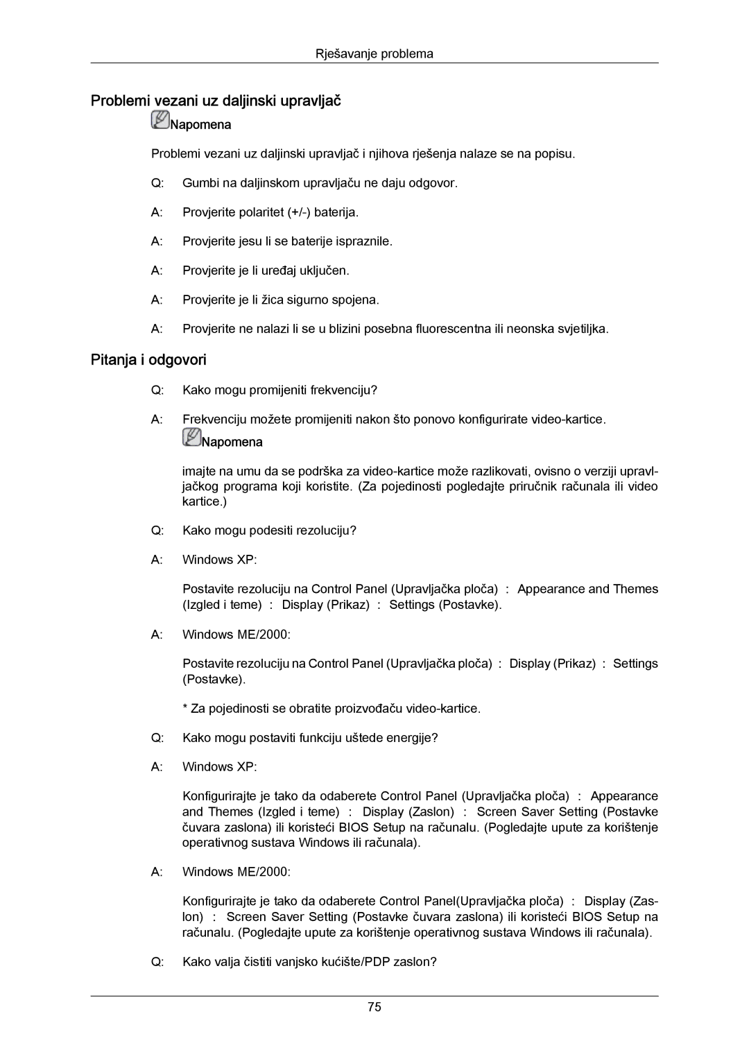 Samsung PH63KPFLBF/EN, PH63KRFLBX/EN, PH50KRPLBF/EN manual Problemi vezani uz daljinski upravljač, Pitanja i odgovori 