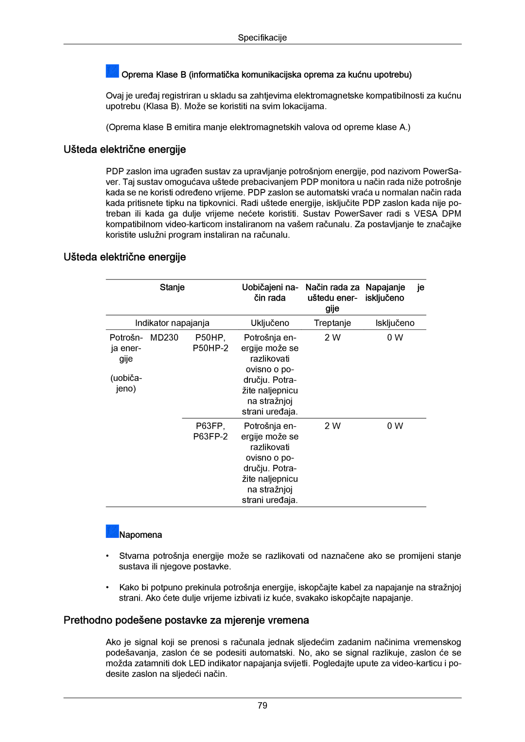 Samsung PH63KPFLBF/EN manual Ušteda električne energije, Prethodno podešene postavke za mjerenje vremena, Napajanje je 