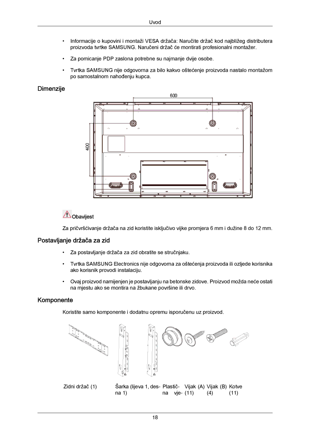 Samsung PH50KPPLBF/EN, PH63KRFLBX/EN, PH63KPFLBF/EN manual Dimenzije, Postavljanje držača za zid, Komponente, Obavijest 