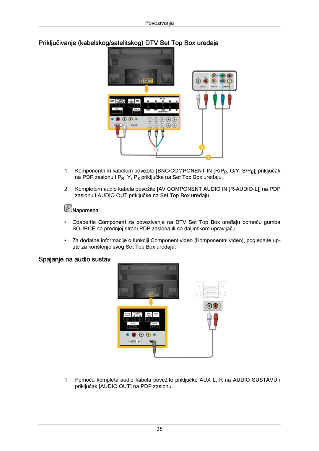 Samsung PH63KRFLBX/EN manual Priključivanje kabelskog/satelitskog DTV Set Top Box uređaja, Spajanje na audio sustav 