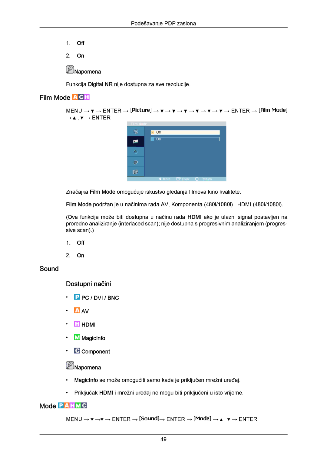 Samsung PH50KPPLBF/EN, PH63KRFLBX/EN, PH63KPFLBF/EN, PH50KRPLBF/EN manual Film Mode, Sound Dostupni načini, Off Napomena 