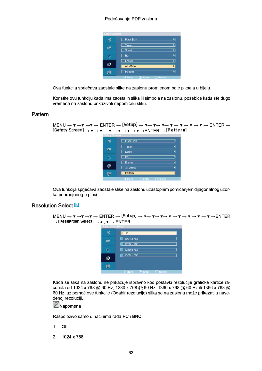 Samsung PH63KPFLBF/EN, PH63KRFLBX/EN, PH50KRPLBF/EN, PH50KPPLBF/EN manual Pattern, Resolution Select, Off 1024 x 