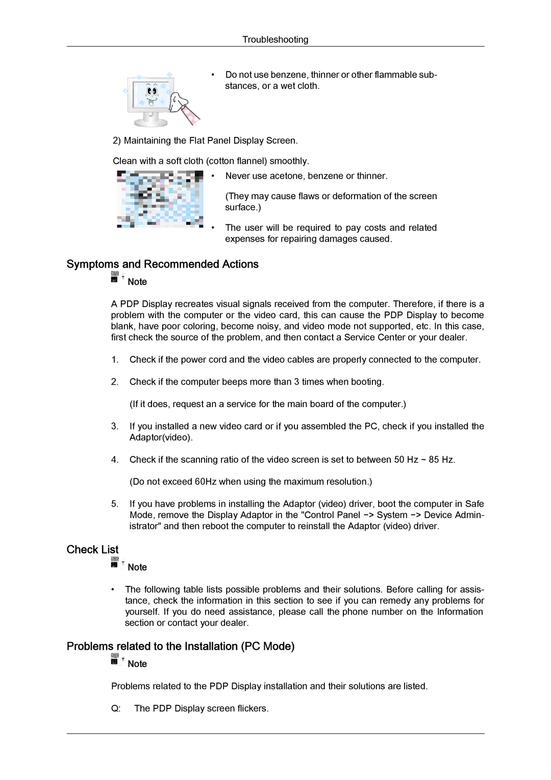 Samsung PH63KRFLBX/EN manual Symptoms and Recommended Actions, Check List, Problems related to the Installation PC Mode 