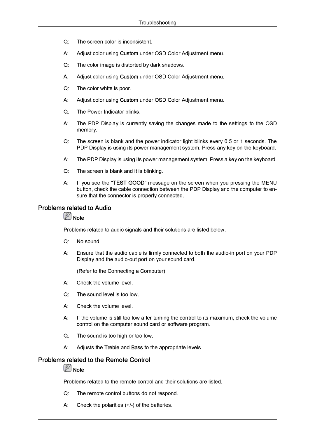 Samsung PH50KRPLBF/EN, PH63KRFLBX/EN, PH63KPFLBF/EN manual Problems related to Audio, Problems related to the Remote Control 