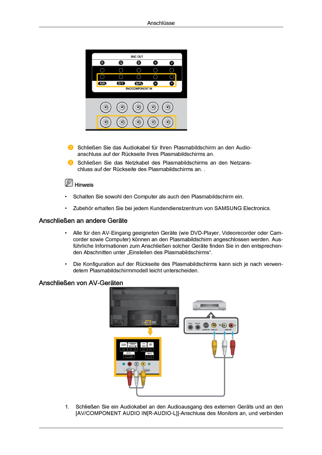 Samsung PH50KRPLBF/EN, PH63KRFLBX/EN, PH63KPFLBF/EN, PH63KRFLBF/EN Anschließen an andere Geräte, Anschließen von AV-Geräten 