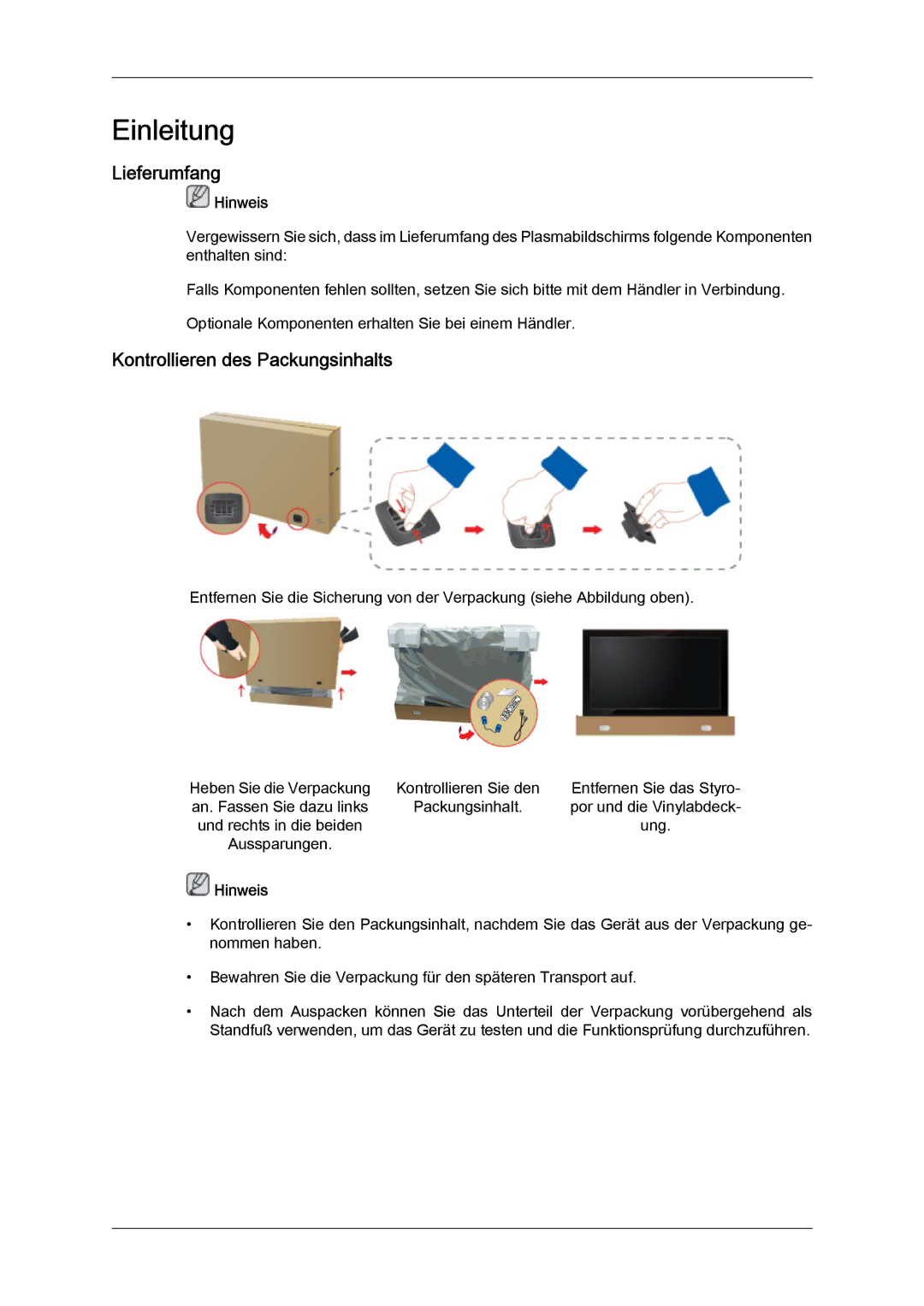 Samsung PH50KRPLBF/EN, PH63KRFLBX/EN, PH63KPFLBF/EN, PH63KRFLBF/EN manual Lieferumfang, Kontrollieren des Packungsinhalts 