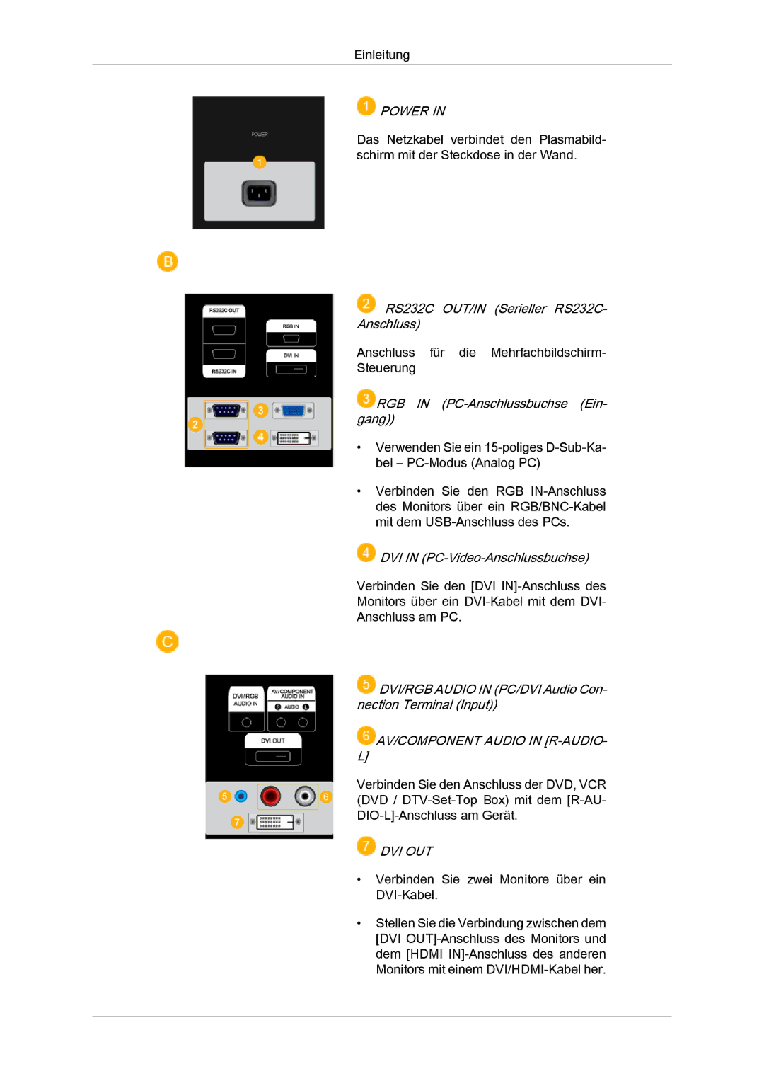 Samsung PH50KRPLBF/EN, PH63KRFLBX/EN manual RS232C OUT/IN Serieller RS232C- Anschluss, RGB in PC-Anschlussbuchse Ein- gang 