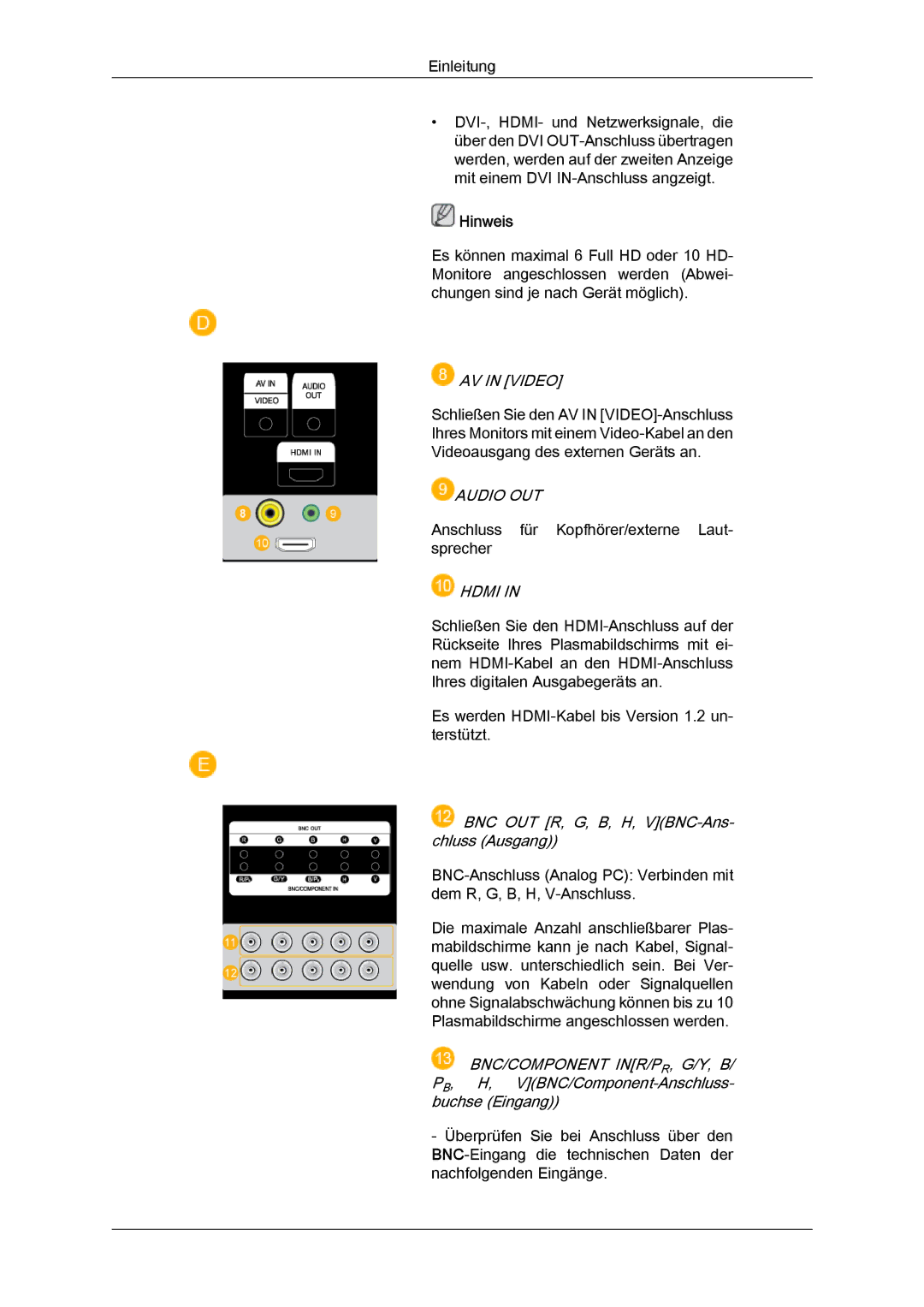 Samsung PH63KRFLBF/EN, PH63KRFLBX/EN, PH63KPFLBF/EN, PH50KRPLBF/EN AV in Video, BNC OUT R, G, B, H, VBNC-Ans- chluss Ausgang 