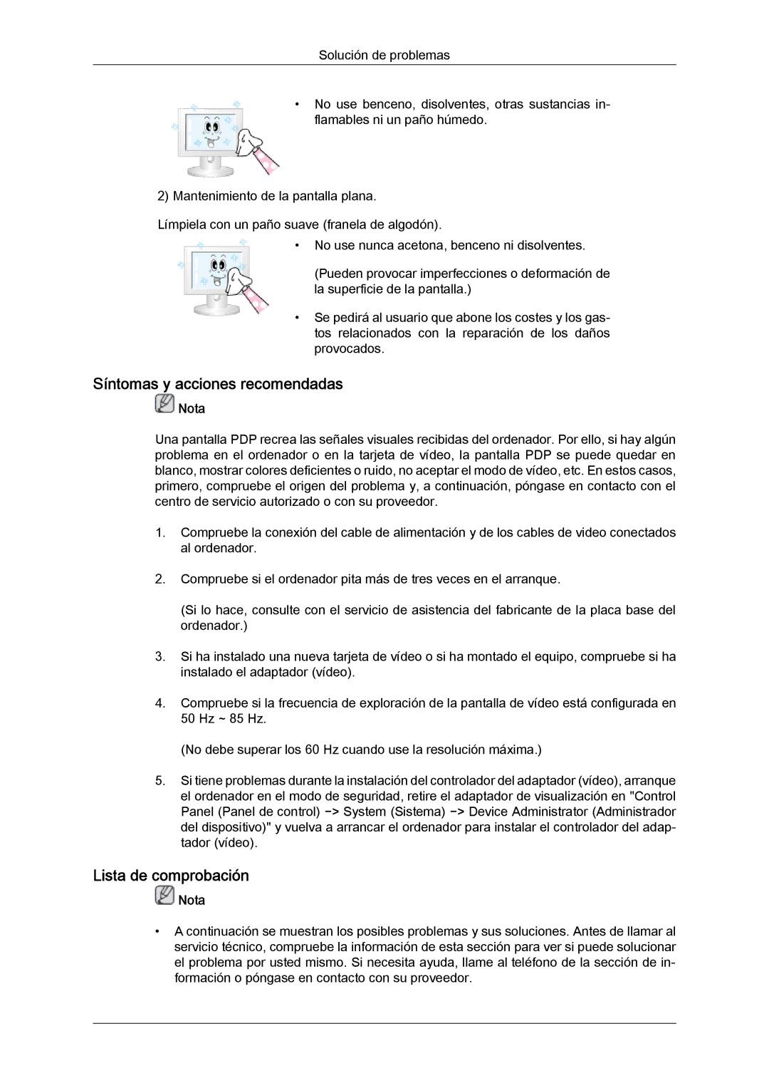 Samsung PH63KPFLBF/EN, PH63KRFLBX/EN, PH50KRPLBF/EN, PH63KRFLBF/EN Síntomas y acciones recomendadas, Lista de comprobación 