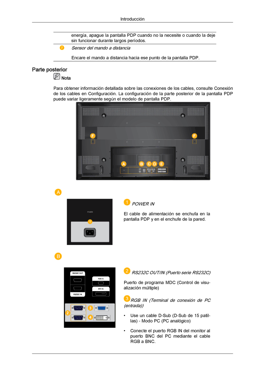 Samsung PH63KPFLBF/EN, PH63KRFLBX/EN manual Parte posterior, Sensor del mando a distancia, RS232C OUT/IN Puerto serie RS232C 