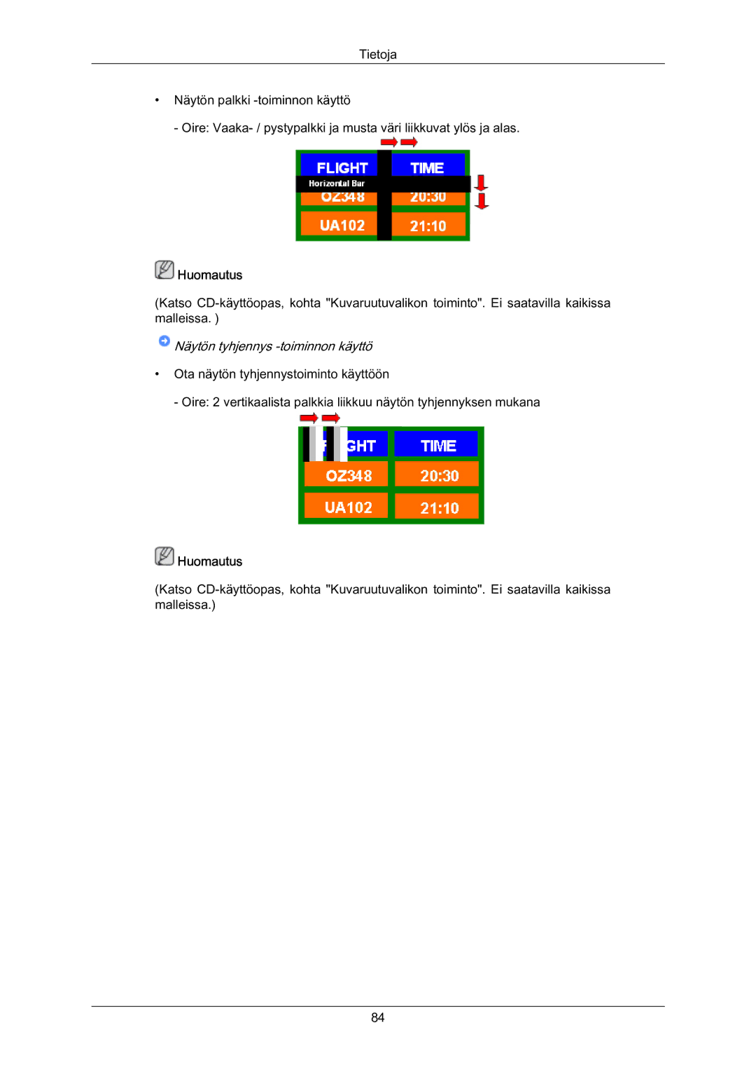 Samsung PH63KRFLBF/EN, PH63KRFLBX/EN, PH63KPFLBF/EN manual Näytön tyhjennys -toiminnon käyttö 