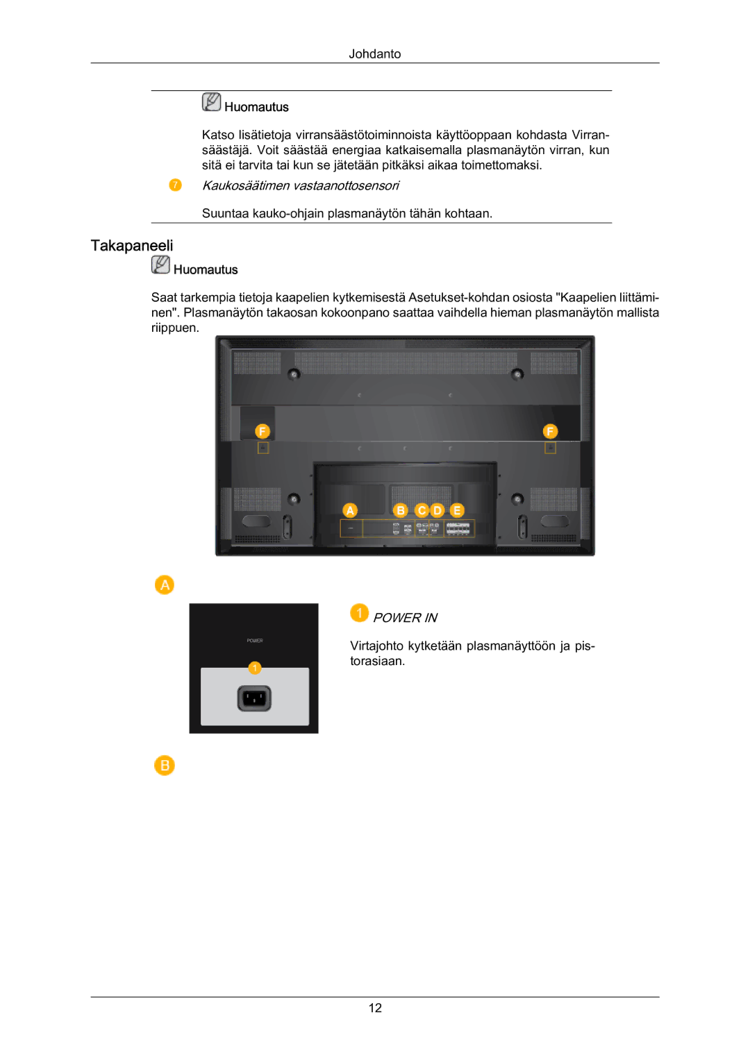 Samsung PH63KPFLBF/EN, PH63KRFLBX/EN, PH63KRFLBF/EN manual Takapaneeli, Power 