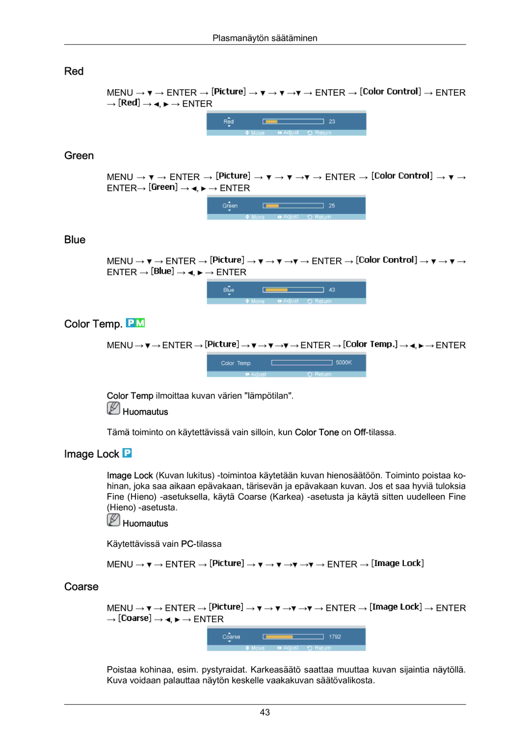 Samsung PH63KRFLBX/EN, PH63KPFLBF/EN, PH63KRFLBF/EN manual Red, Green, Blue, Color Temp, Image Lock, Coarse 