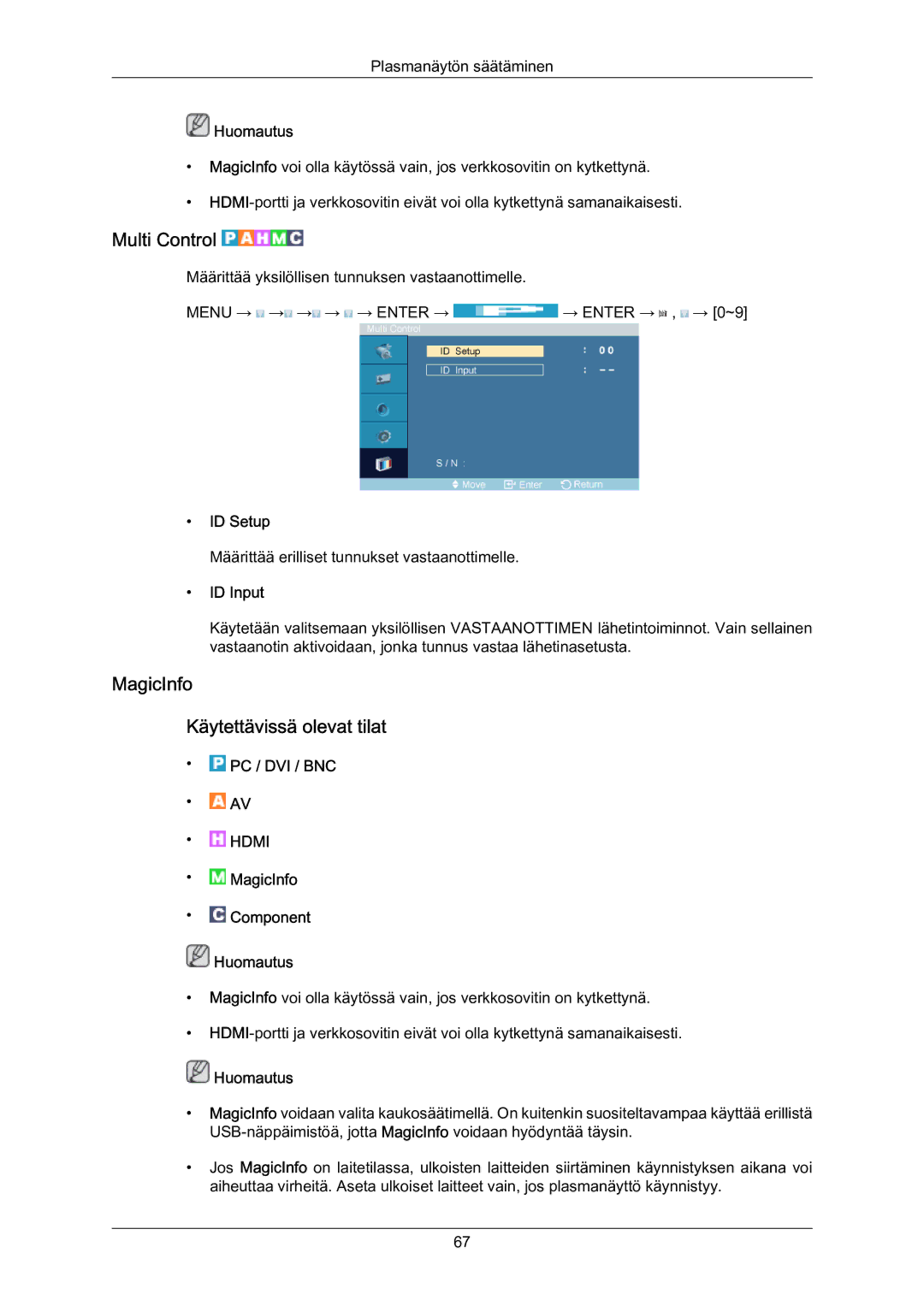 Samsung PH63KRFLBX/EN, PH63KPFLBF/EN, PH63KRFLBF/EN Multi Control, MagicInfo Käytettävissä olevat tilat, ID Setup, ID Input 