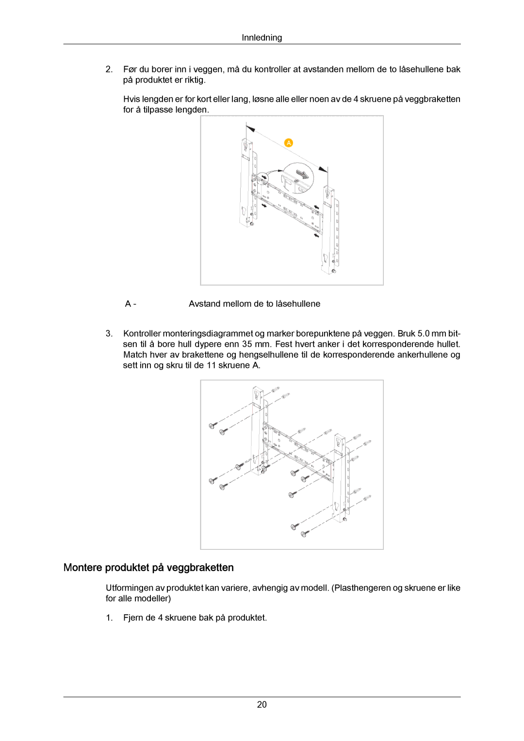 Samsung PH63KRFLBX/EN, PH63KPFLBF/EN, PH63KRFLBF/EN manual Montere produktet på veggbraketten 