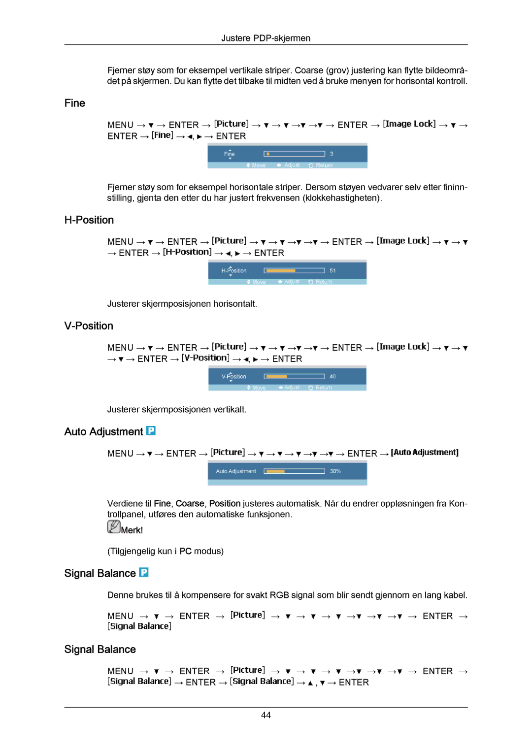 Samsung PH63KPFLBF/EN, PH63KRFLBX/EN, PH63KRFLBF/EN manual Fine, Position, Auto Adjustment, Signal Balance 