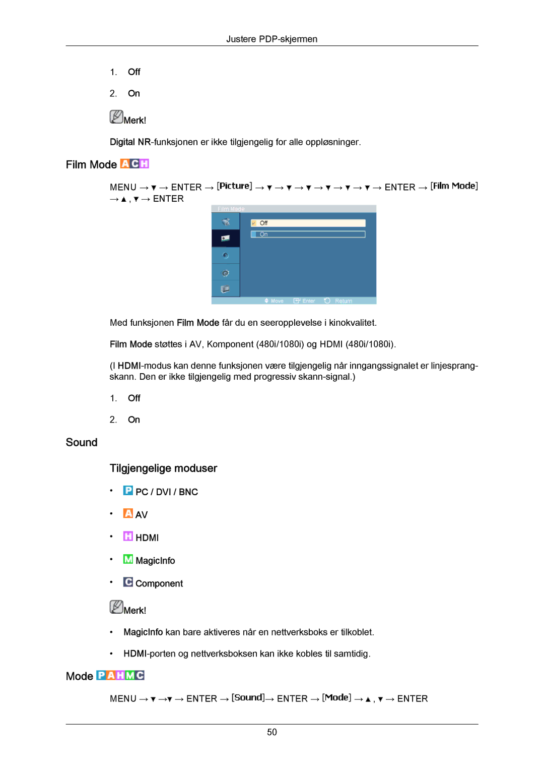 Samsung PH63KPFLBF/EN, PH63KRFLBX/EN, PH63KRFLBF/EN manual Film Mode, Sound Tilgjengelige moduser, Off Merk 