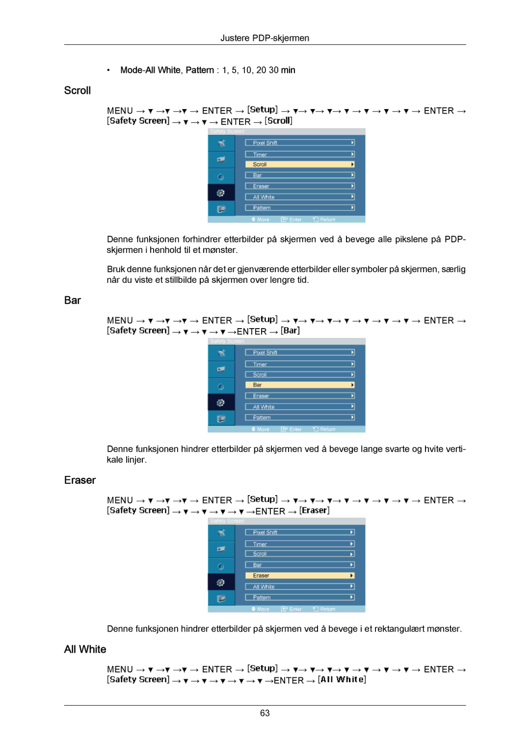 Samsung PH63KRFLBF/EN, PH63KRFLBX/EN, PH63KPFLBF/EN Scroll, Bar, Eraser, Mode-All White, Pattern 1, 5, 10, 20 30 min 