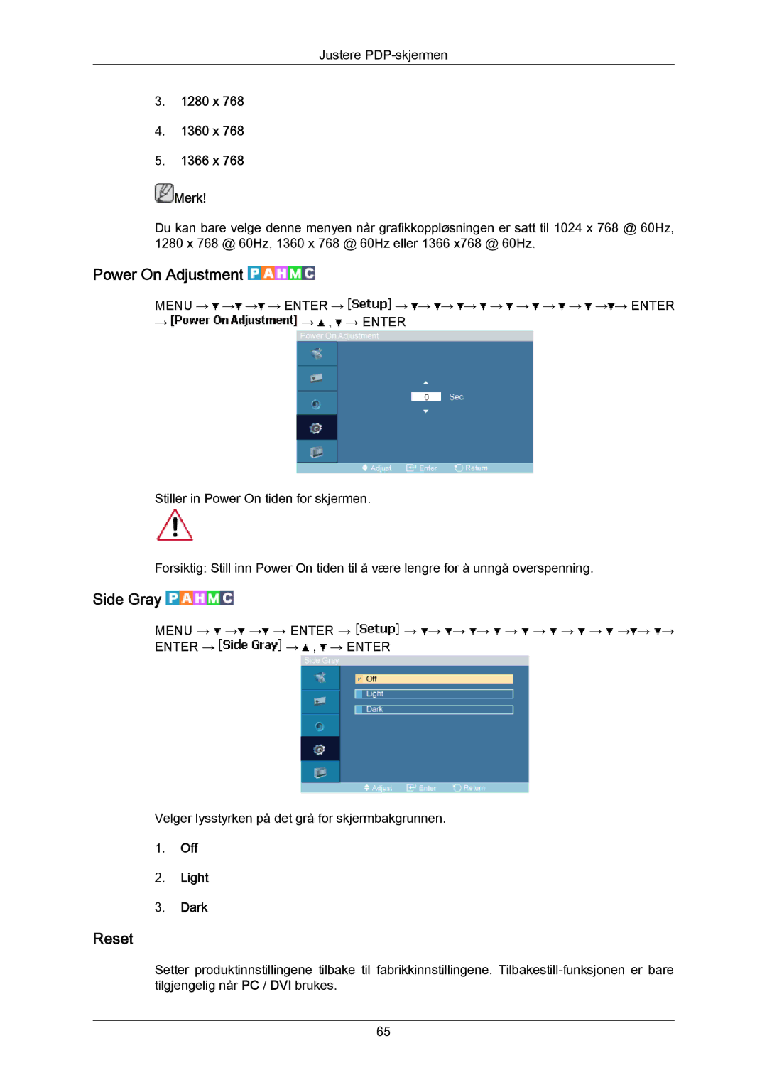 Samsung PH63KPFLBF/EN, PH63KRFLBX/EN manual Power On Adjustment, Side Gray, Reset, 1280 x 1360 x 1366 x Merk, Off Light Dark 