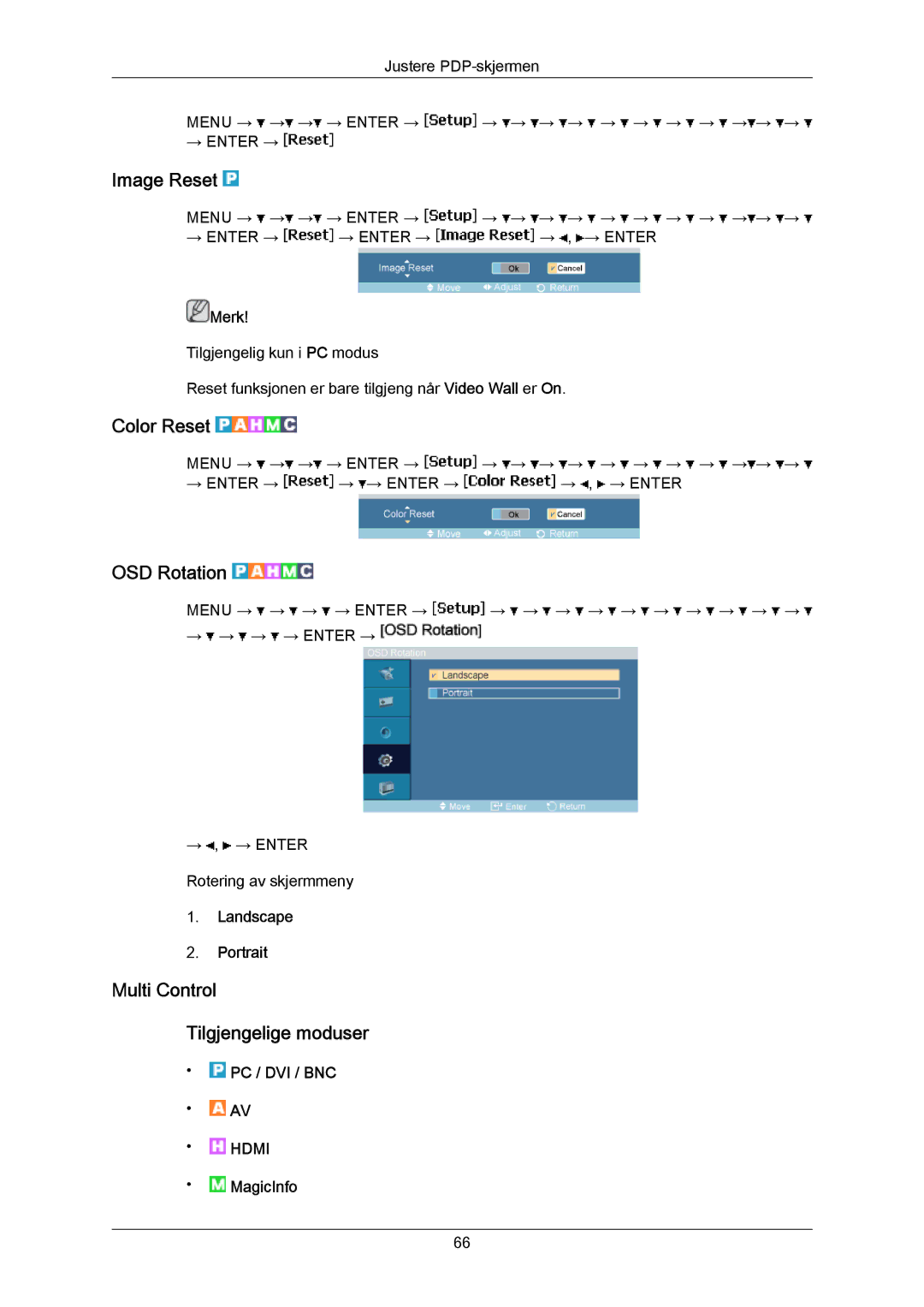 Samsung PH63KRFLBF/EN Image Reset, Color Reset, OSD Rotation, Multi Control Tilgjengelige moduser, Landscape Portrait 