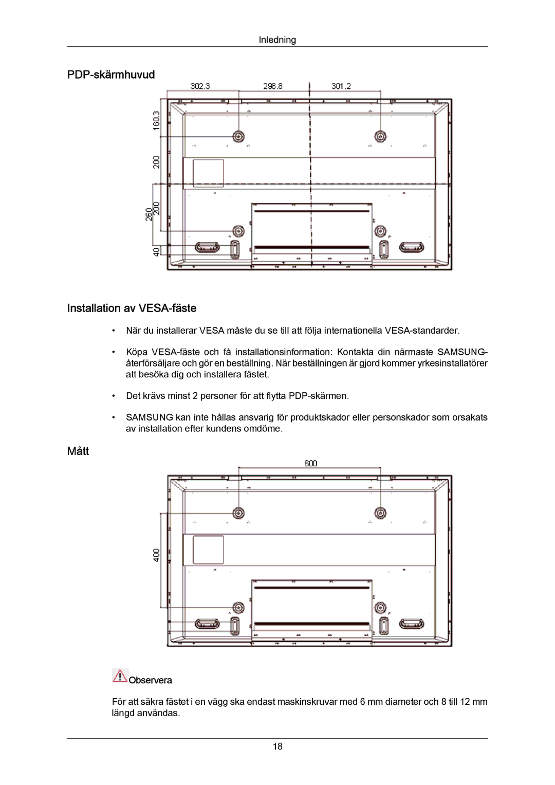 Samsung PH63KPFLBF/EN, PH63KRFLBX/EN, PH63KRFLBF/EN manual PDP-skärmhuvud Installation av VESA-fäste, Mått, Observera 