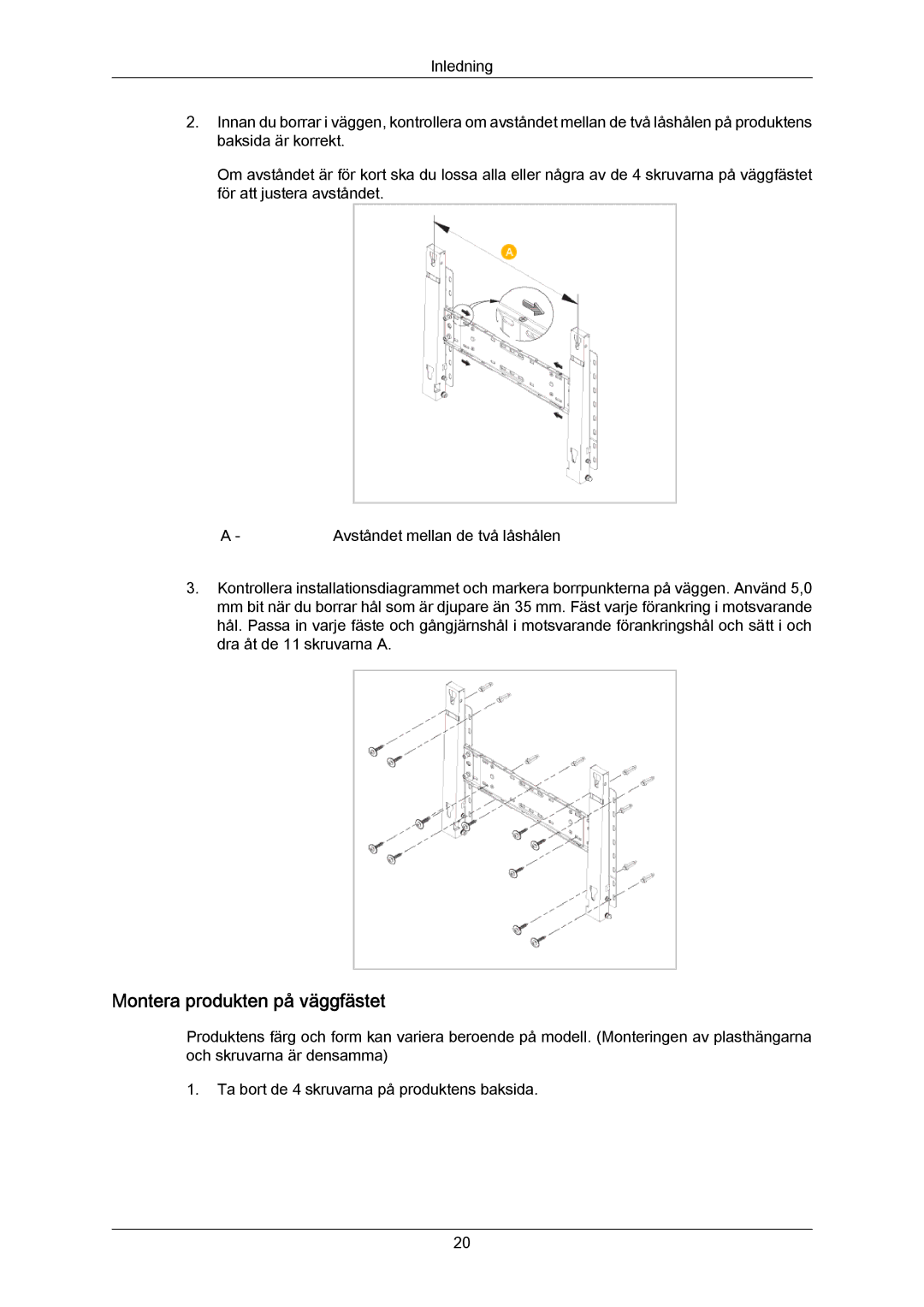 Samsung PH63KRFLBX/EN, PH63KPFLBF/EN, PH63KRFLBF/EN manual Montera produkten på väggfästet 