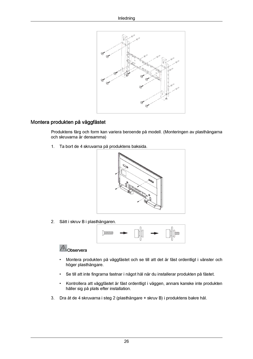 Samsung PH63KRFLBX/EN, PH63KPFLBF/EN, PH63KRFLBF/EN manual Montera produkten på väggfästet 