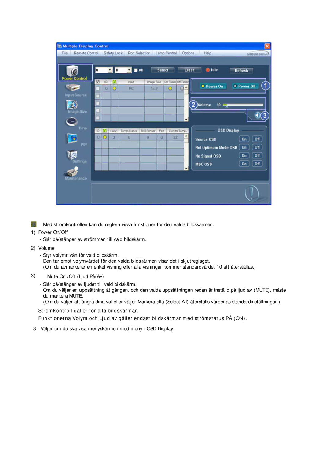 Samsung PH63KRFLBF/EN, PH63KRFLBX/EN, PH63KPFLBF/EN manual Väljer om du ska visa menyskärmen med menyn OSD Display 