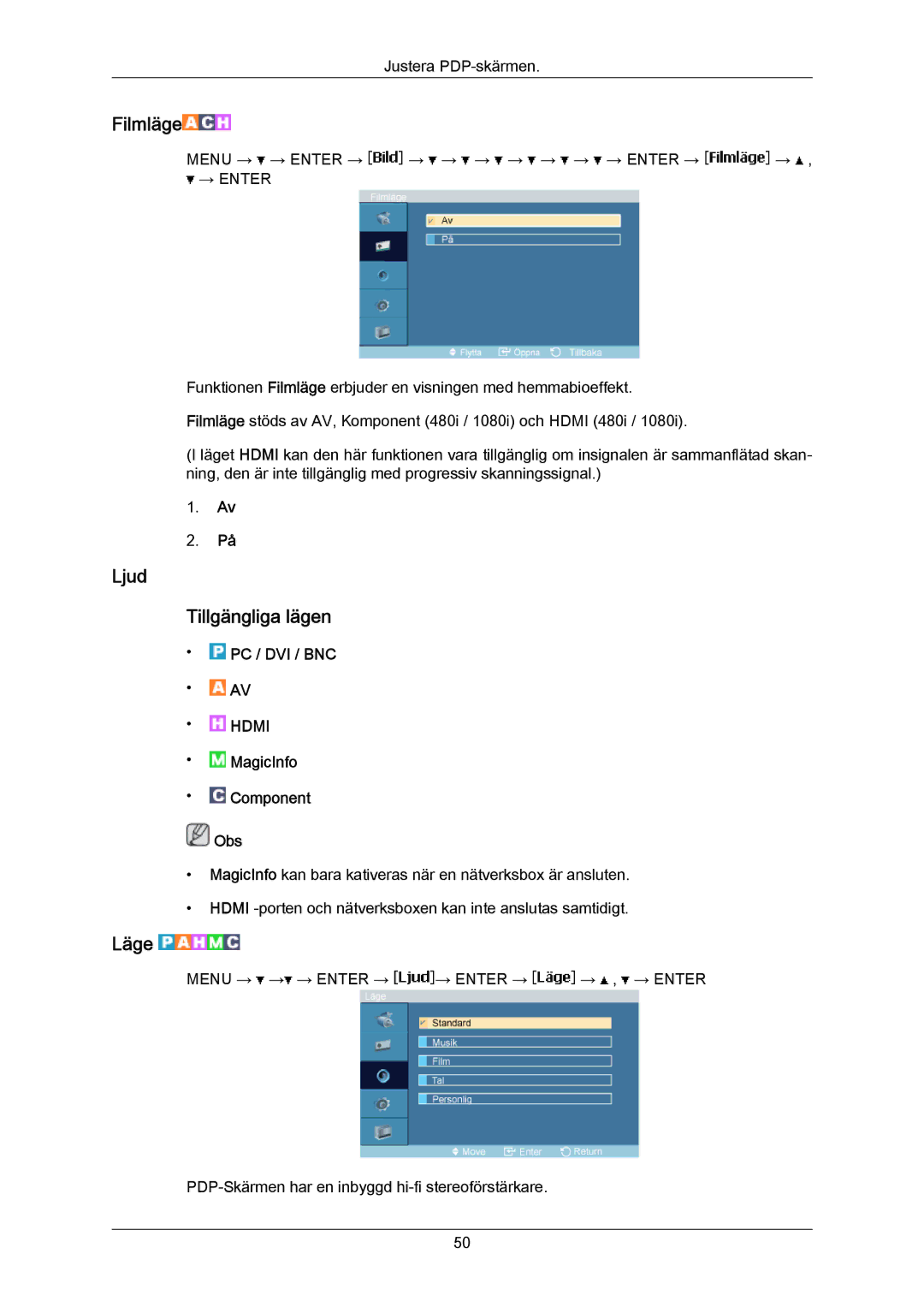 Samsung PH63KPFLBF/EN, PH63KRFLBX/EN, PH63KRFLBF/EN manual Filmläge, Ljud Tillgängliga lägen 