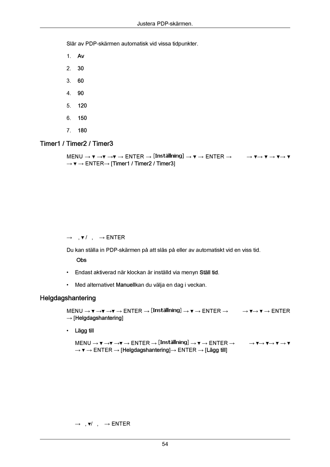 Samsung PH63KRFLBF/EN, PH63KRFLBX/EN manual → → ENTER→ Timer1 / Timer2 / Timer3, → Helgdagshantering Lägg till 