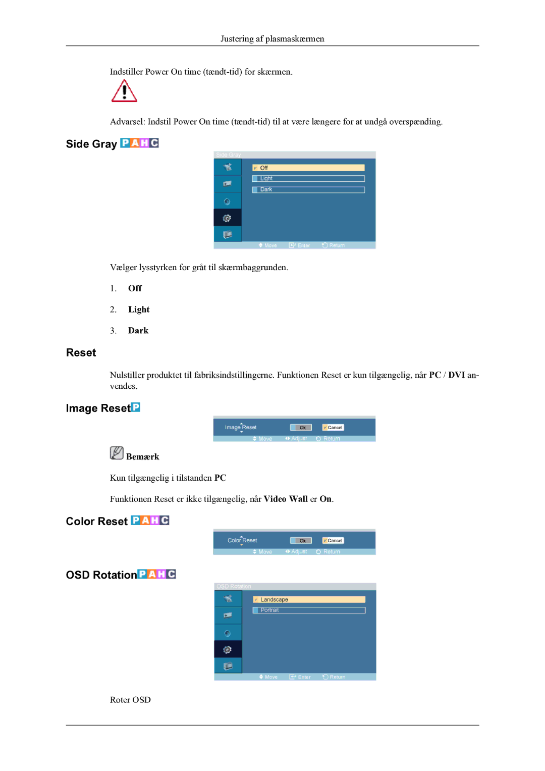 Samsung PH64KRPMBF/EN manual Side Gray, Image Reset, Color Reset OSD Rotation, Off Light Dark 