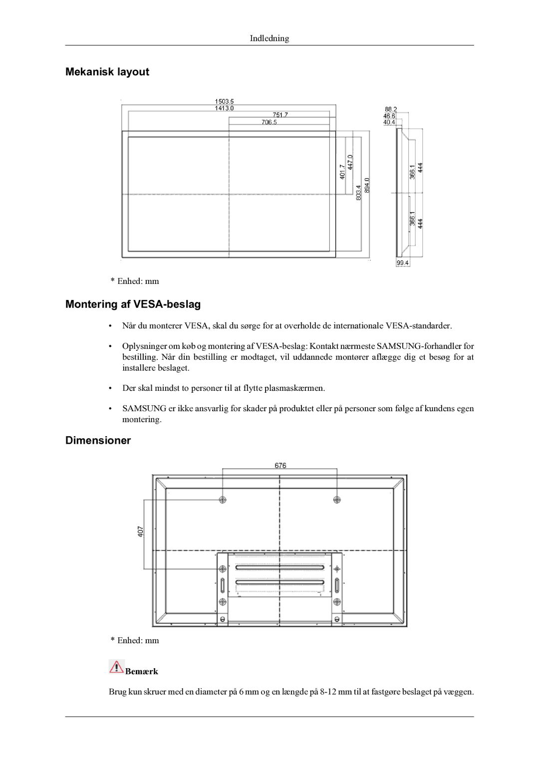 Samsung PH64KRPMBF/EN manual Mekanisk layout, Montering af VESA-beslag, Dimensioner 