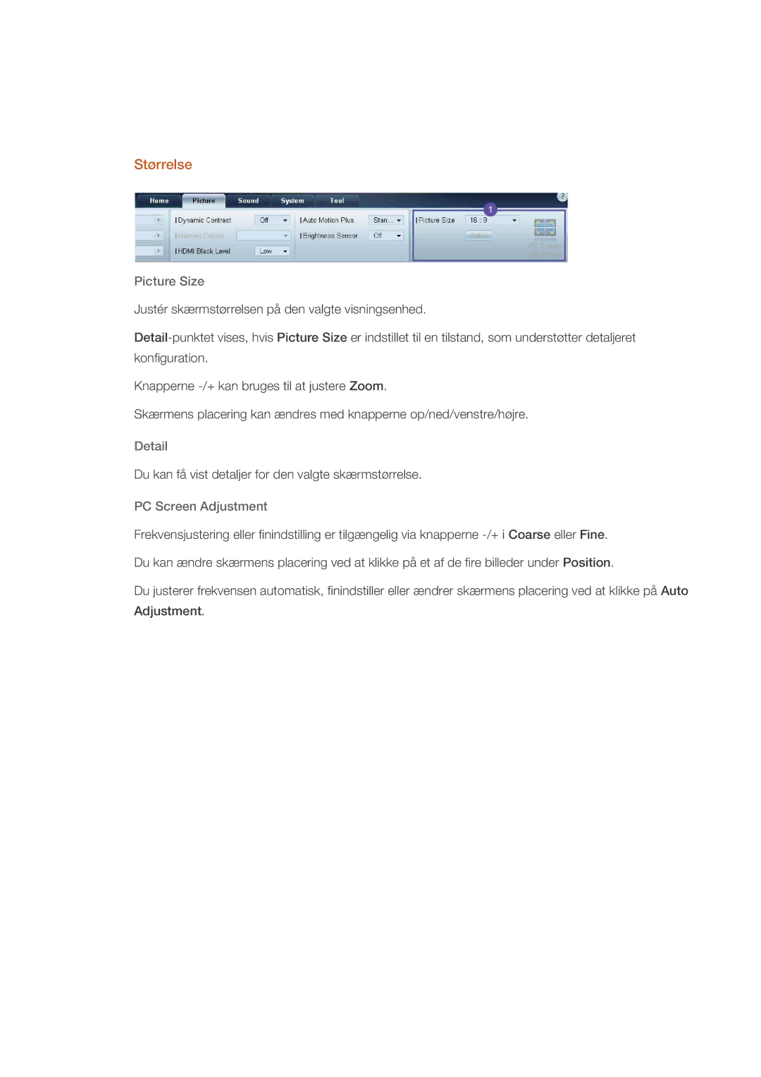Samsung PH64KRPMBF/EN manual Størrelse, Picture Size, Detail, PC Screen Adjustment 