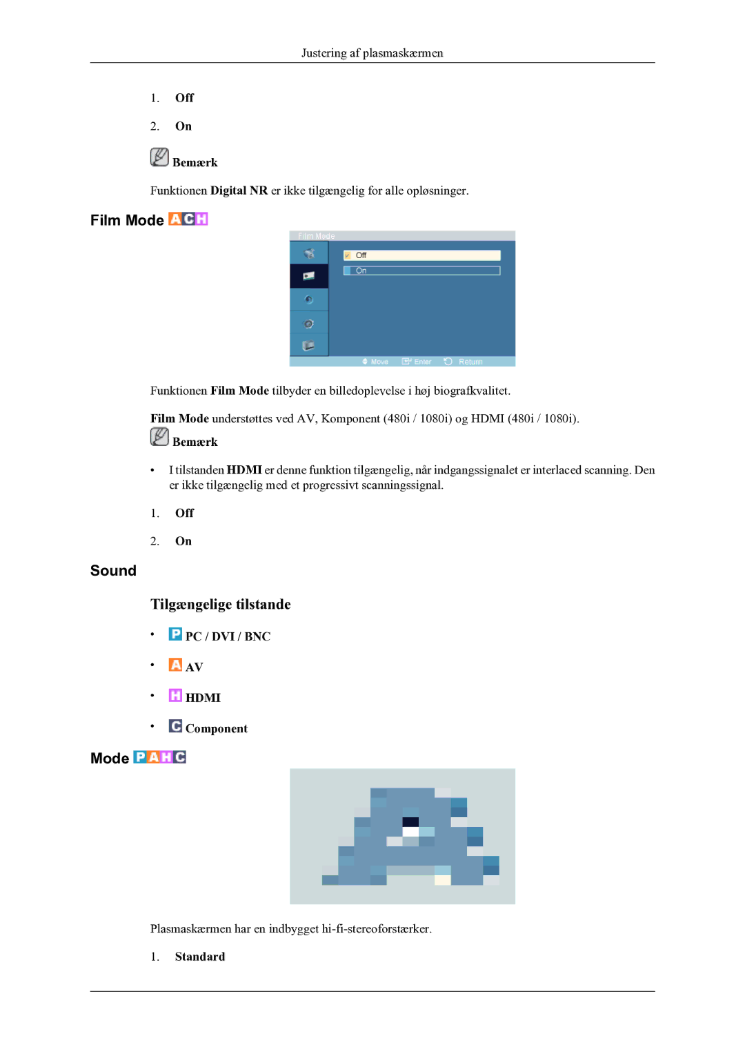 Samsung PH64KRPMBF/EN manual Film Mode, Sound, Off Bemærk, Standard 