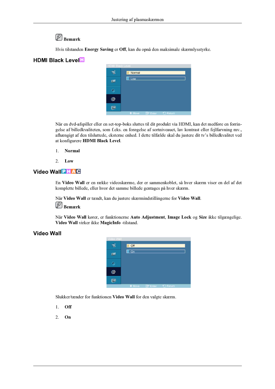 Samsung PH64KRPMBF/EN manual Hdmi Black Level, Video Wall, Normal Low 