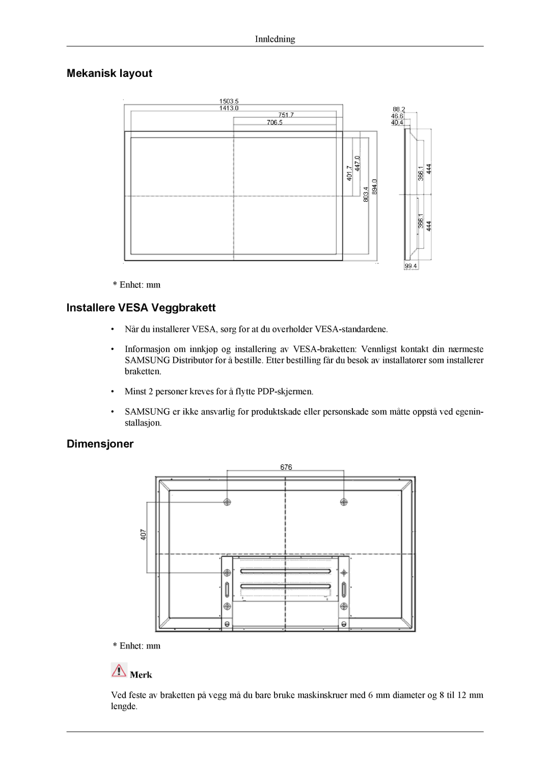 Samsung PH64KRPMBF/EN manual Mekanisk layout, Installere Vesa Veggbrakett, Dimensjoner, Merk 