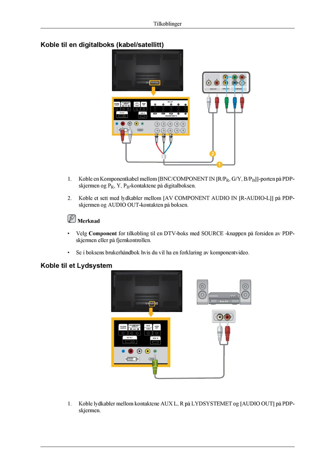 Samsung PH64KRPMBF/EN manual Koble til en digitalboks kabel/satellitt, Koble til et Lydsystem 