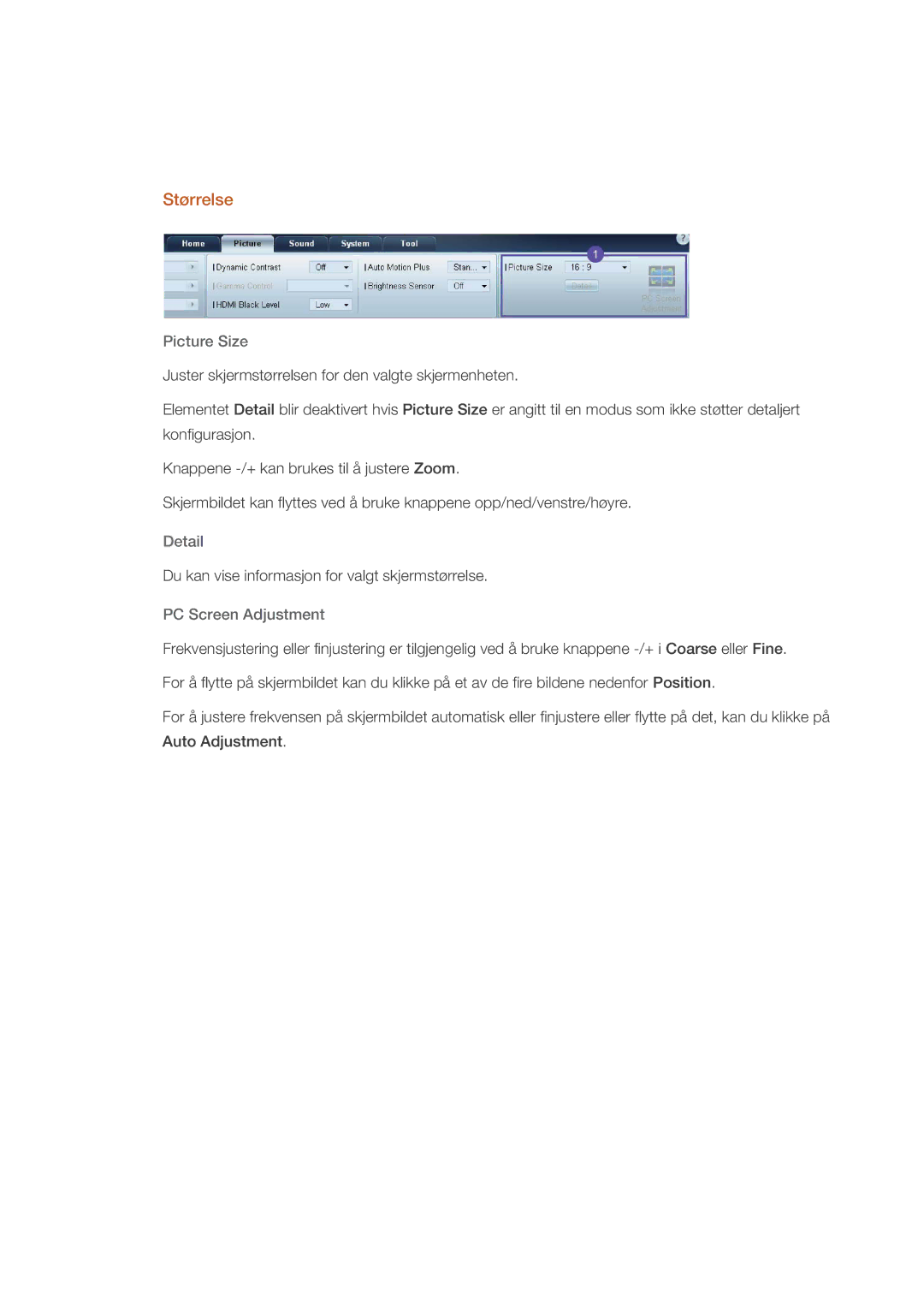 Samsung PH64KRPMBF/EN manual Størrelse, Picture Size, Detail, PC Screen Adjustment 