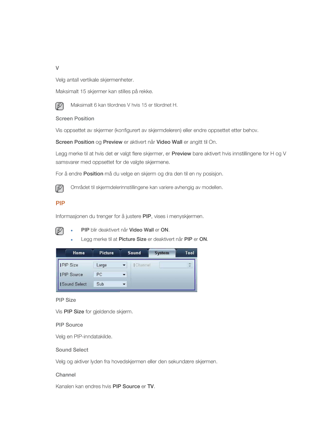 Samsung PH64KRPMBF/EN manual Screen Position, PIP Size, PIP Source, Sound Select 