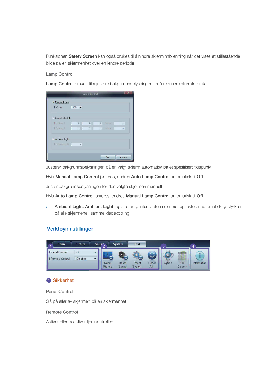 Samsung PH64KRPMBF/EN manual Verktøyinnstillinger, Lamp Control, Panel Control, Remote Control 