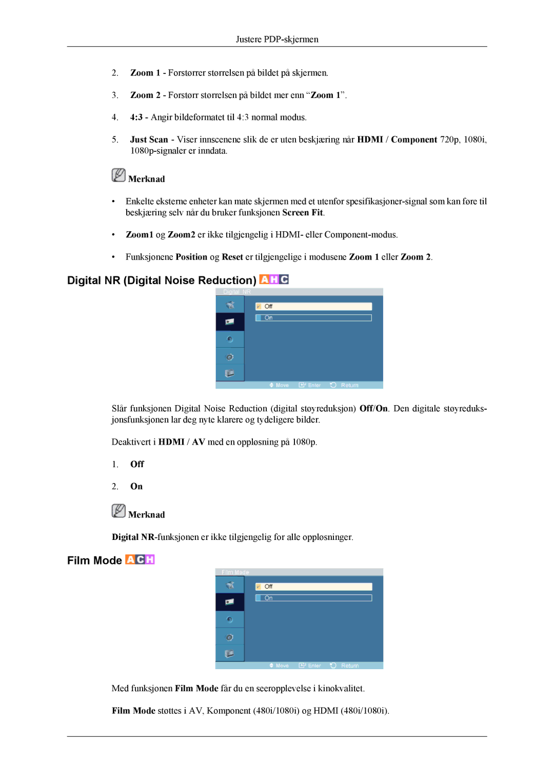 Samsung PH64KRPMBF/EN manual Digital NR Digital Noise Reduction, Film Mode, Off Merknad 