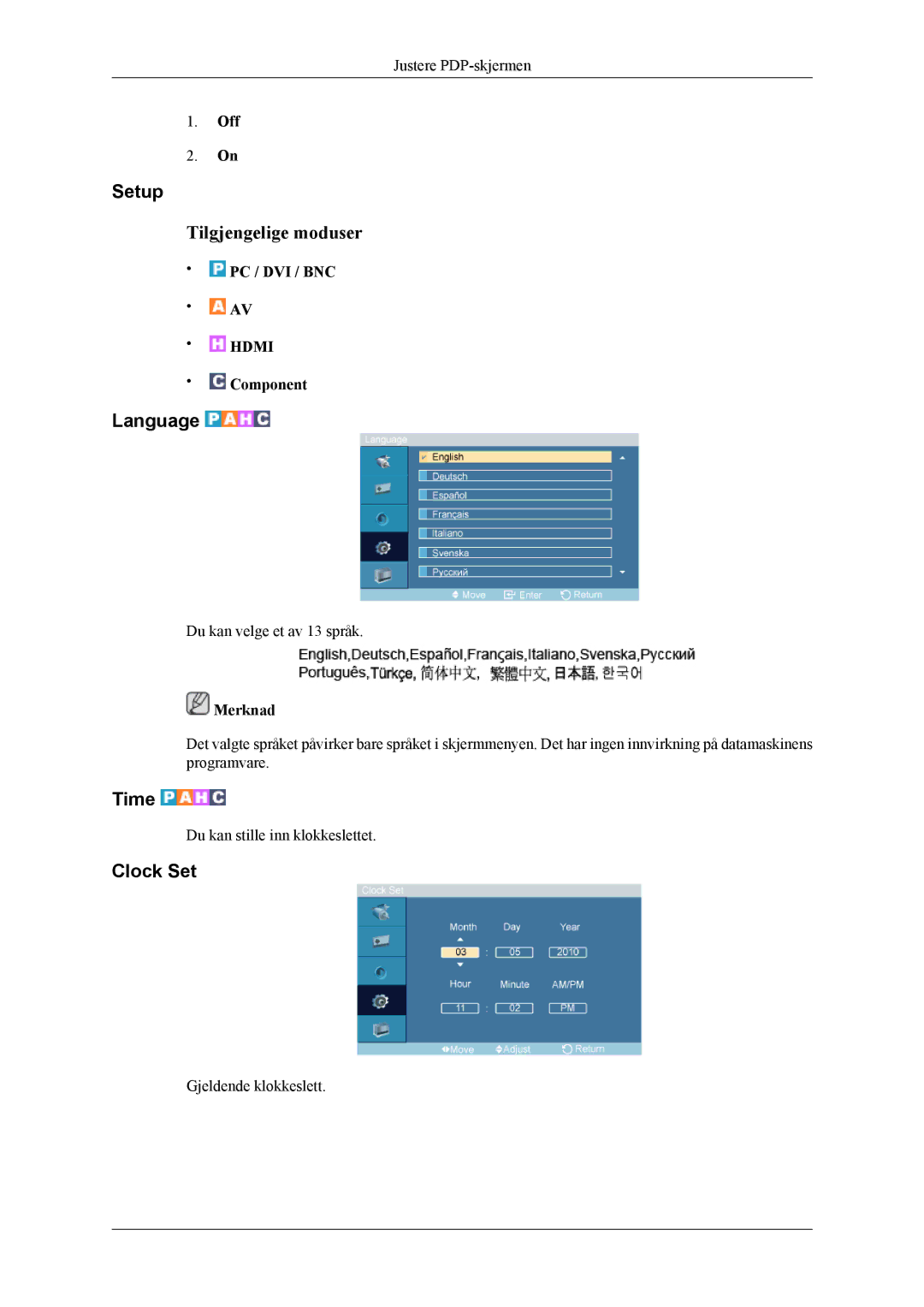 Samsung PH64KRPMBF/EN manual Setup, Language, Time, Clock Set 