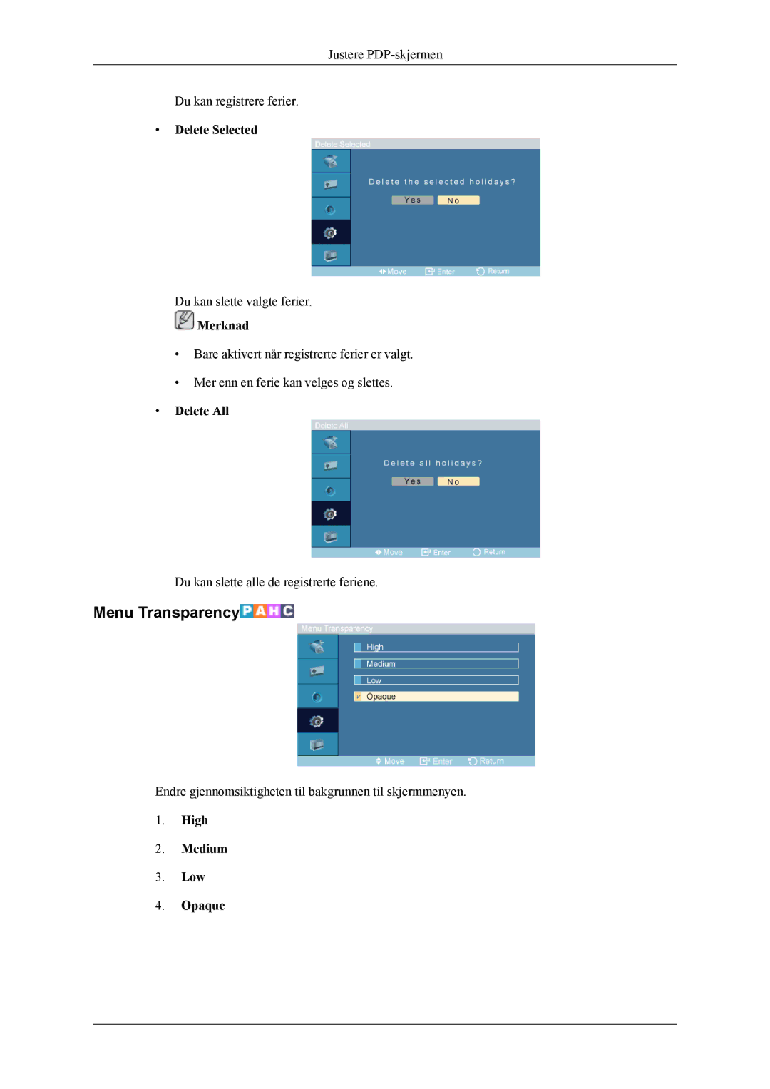 Samsung PH64KRPMBF/EN manual Menu Transparency, Delete Selected, Delete All, High Medium Low Opaque 