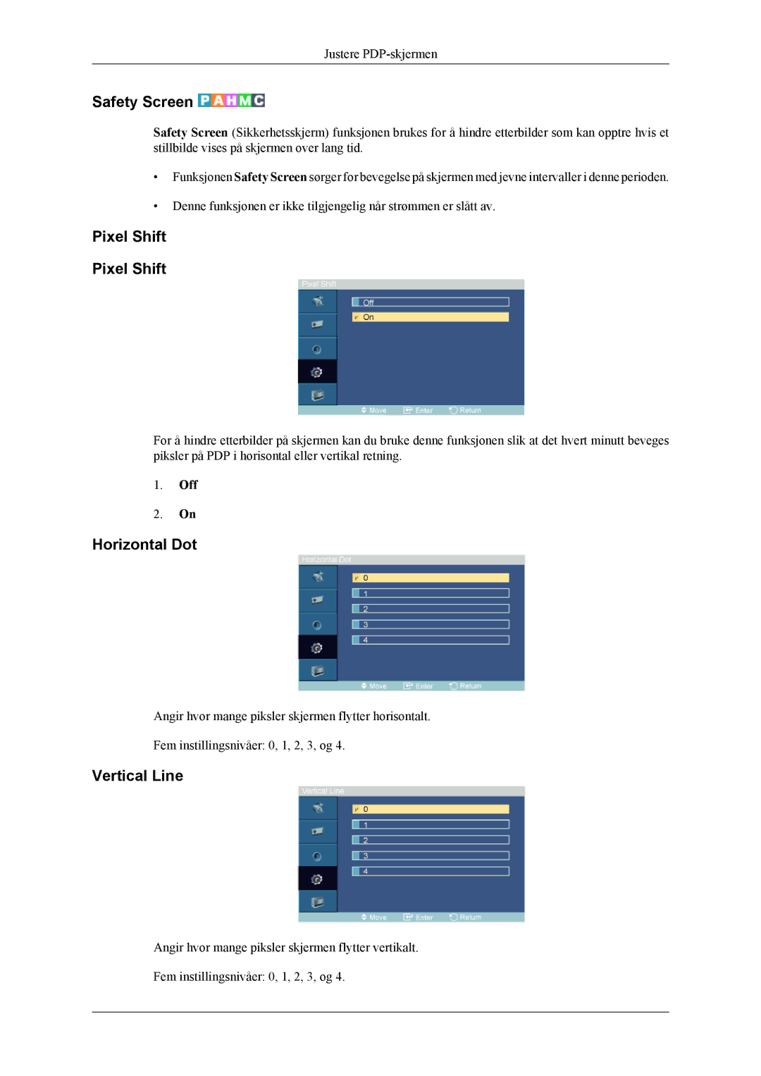 Samsung PH64KRPMBF/EN manual Safety Screen, Pixel Shift, Horizontal Dot, Vertical Line 