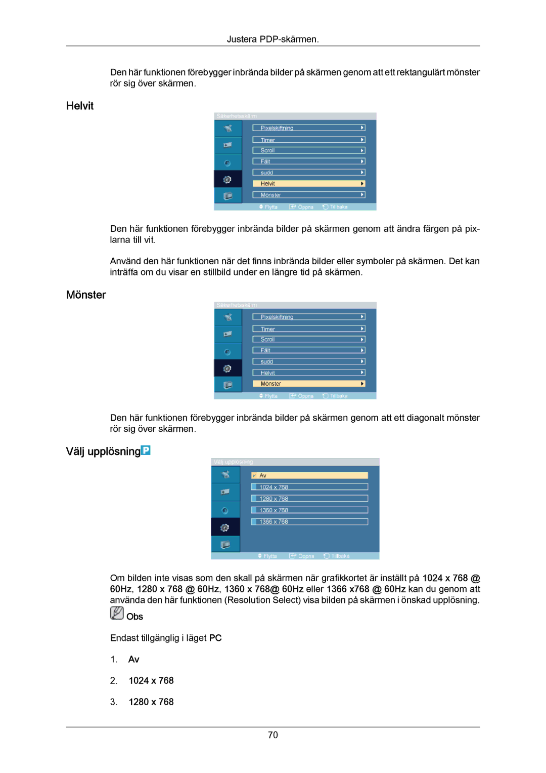 Samsung PH64KRPMBF/EN manual Helvit, Mönster, Välj upplösning, 1024 x 1280 x 